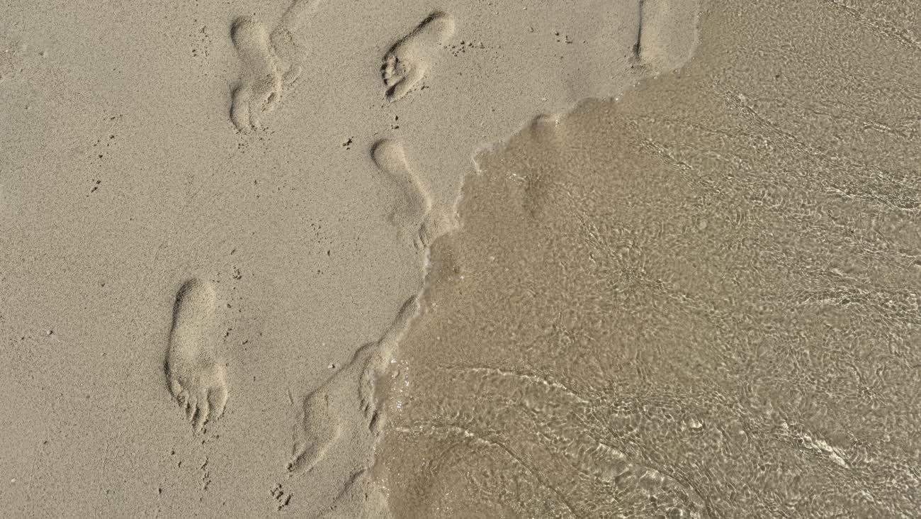 Footprints pressed into wet sand at the water's edge