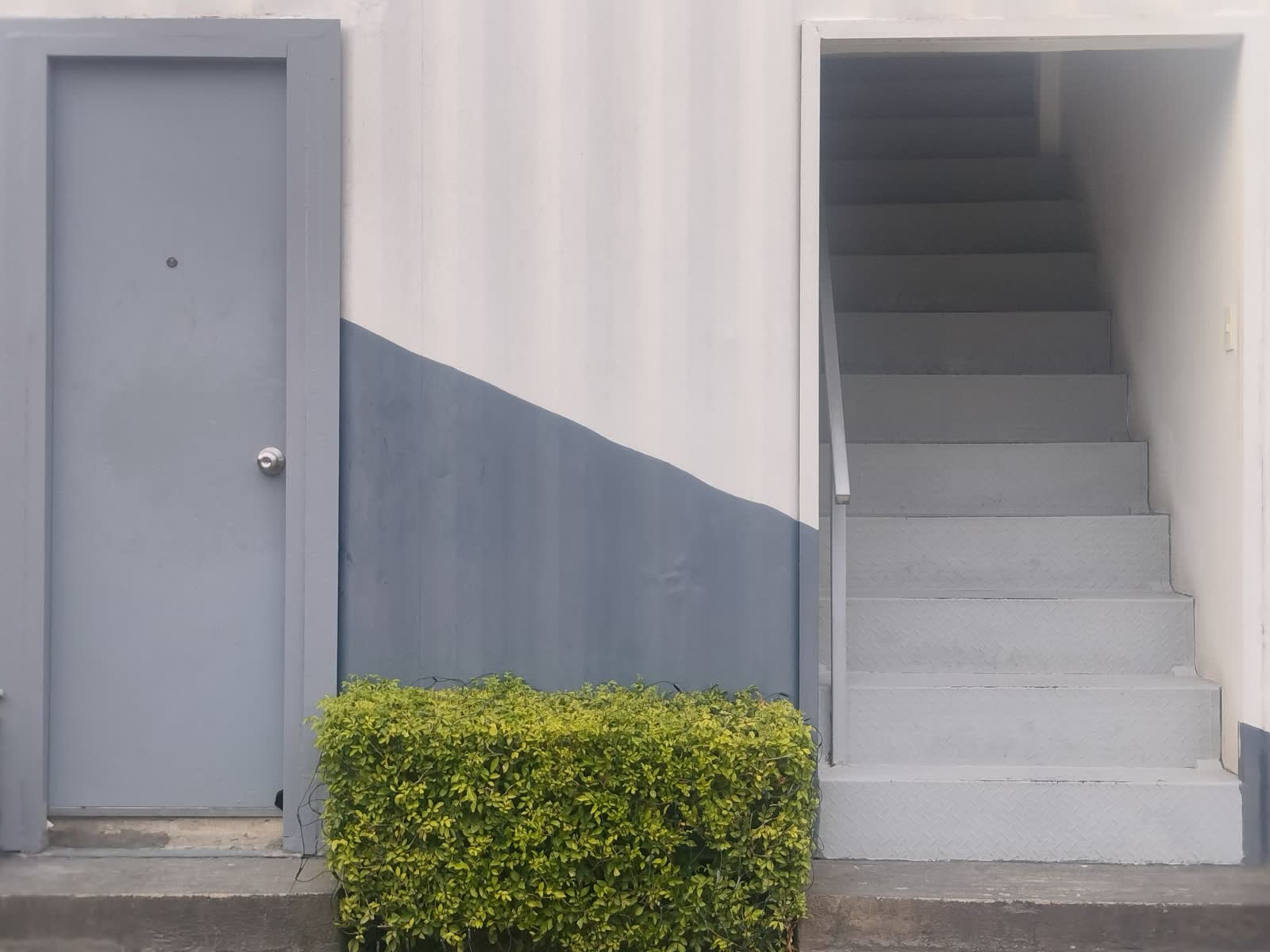 A closed grey door beside an open doorway leading to a flight of stairs