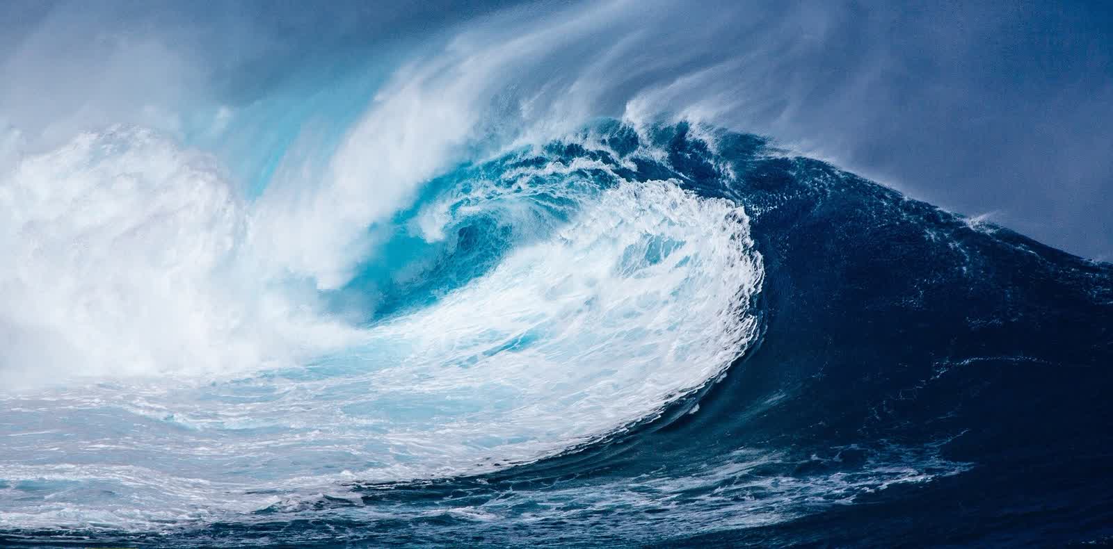 A large blue ocean wave curling and breaking with white foam