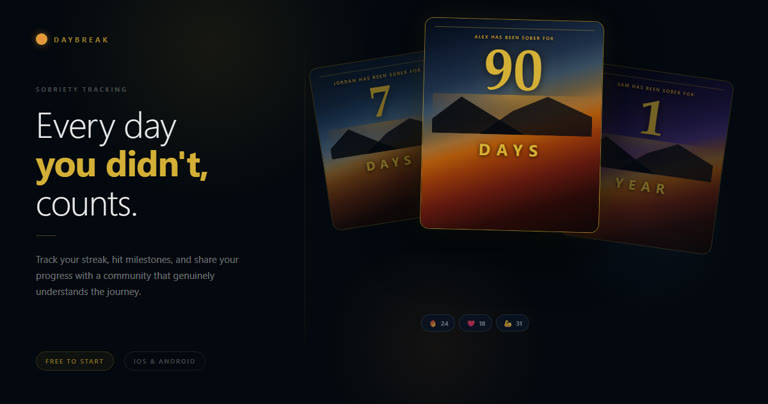 Three Daybreak milestone cards: 7 days, 90 days and 1 year