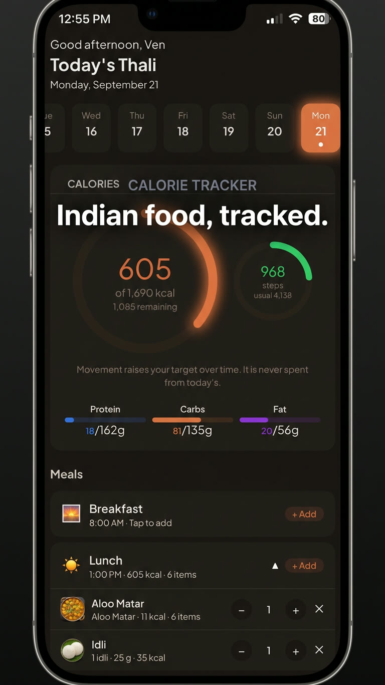 Thali daily tracker screen showing calories and macros for the day